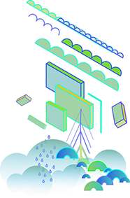 This is a collection of objects composed of blocks, scallops, clouds, rainbows. This is styled in a blue, teal, green, color scheme.